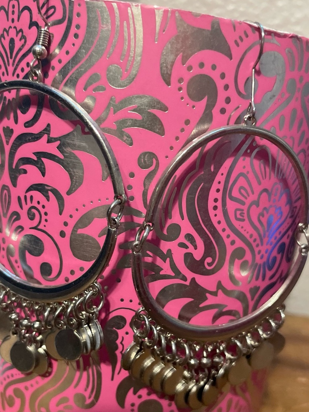 Silver METAL Hoop Dangle Earrings with Gold Accent Discs - Home Accents